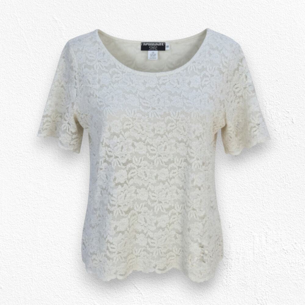 70s Vintage Ivory All Over Lace Short Sleeve USA Made Scoop Neck Blouse Size XL